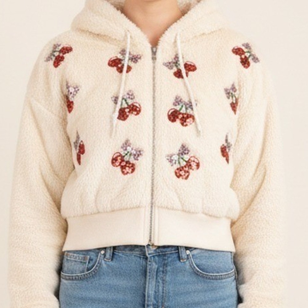 Miss Chievous NWT Cream Faux Fur Cropped Zip Hoodie Red Sequin Cherry Womens M